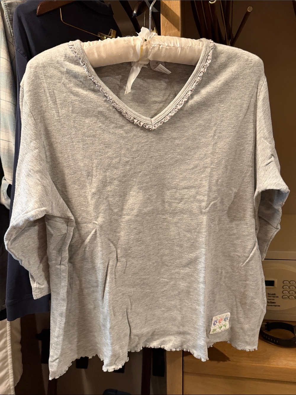 Cherokee Light Gray V-Neck Short Sleeve Tee with Ruffle Trim